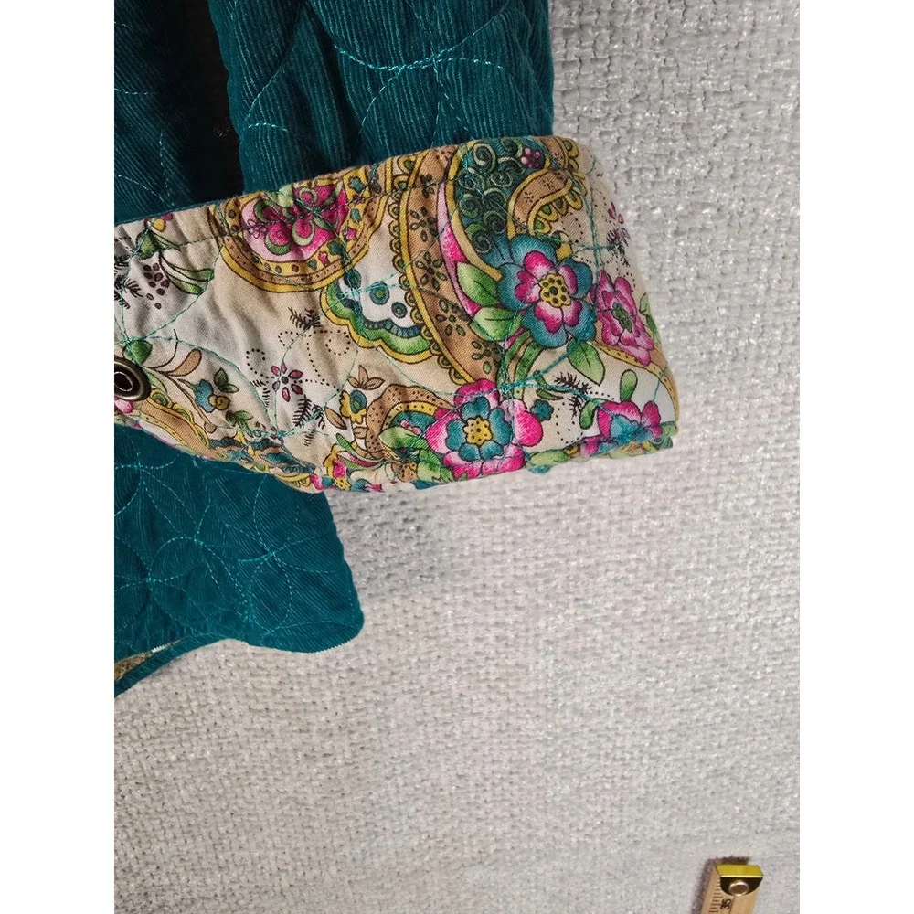 Westbound Womens M Teal Quilted Corduroy Button Front Jacket Paisley Cuff Lining